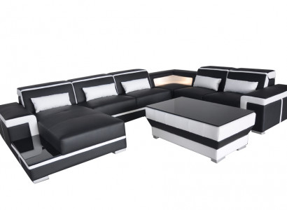 XXL Leather Sofa Upholstery Living Room Couch Seating Set Corner Sectional Sofas + Table