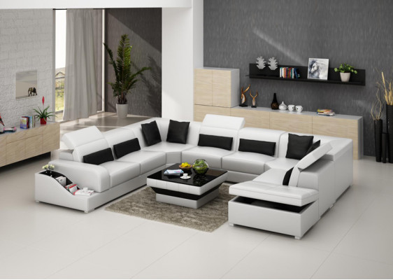 Leather corner sofa living landscape set design modern couch sofas USB LED ottoman