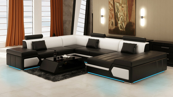 Leather Sofa Couch Living Landscape Sectional Sofa Suite Design Modern Black +USB