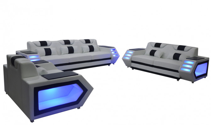 Sofa Couch Seat Upholstery Complete Group Set Leather Suite 3+2+1 + LED + USB New