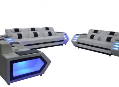 Sofa Couch Seat Upholstery Complete Group Set Leather Suite 3+2+1 + LED + USB New