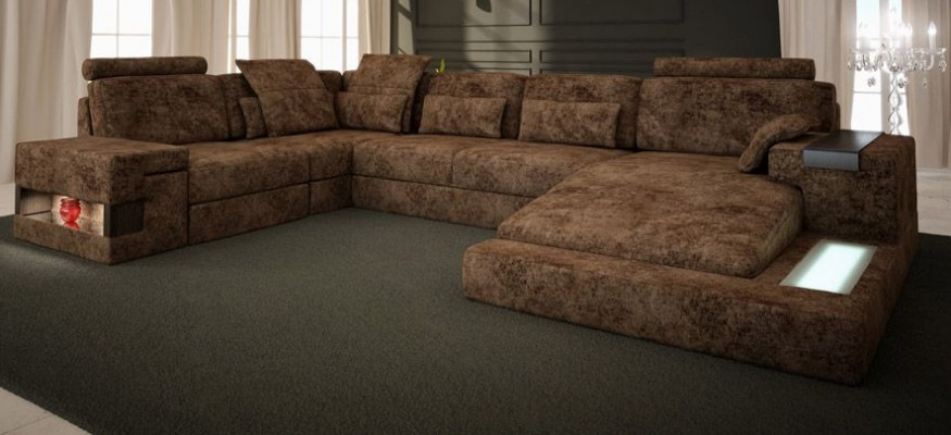U-shaped sectional sofa couch design, fabric living area, bed function, upholstery.