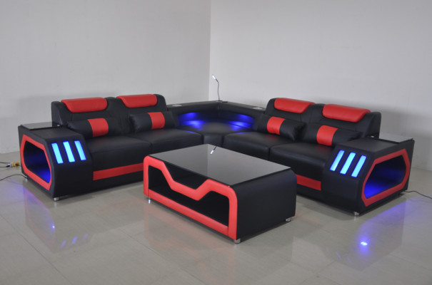 Living room corner sofa L-shape leather wood modern design upholstery couch new