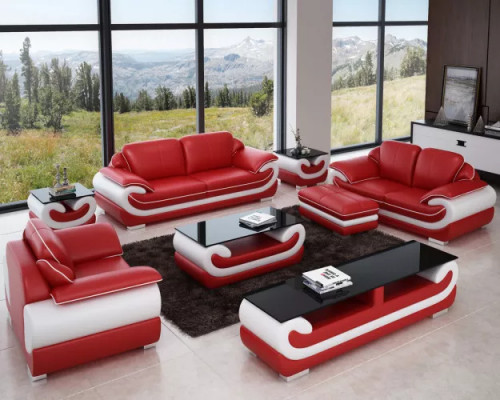 Classic leather sofa set complete 8-piece set living room set table stool