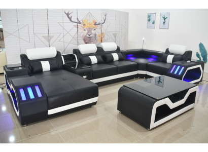 Leather sofa Sofa + coffee table Upholstered leather design corner sofa Couch living landscape