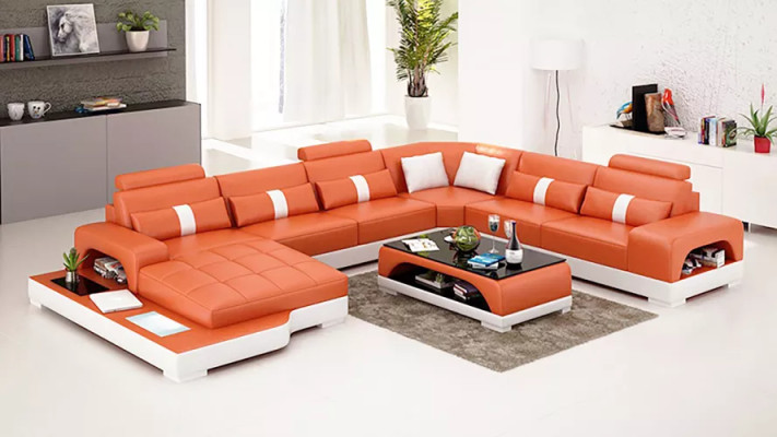 Modern sofa corner sofa U-shaped coffee table leather sofa corner sofa upholstery orange luxury