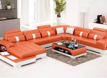 Modern sofa corner sofa U-shaped coffee table leather sofa corner sofa upholstery orange luxury