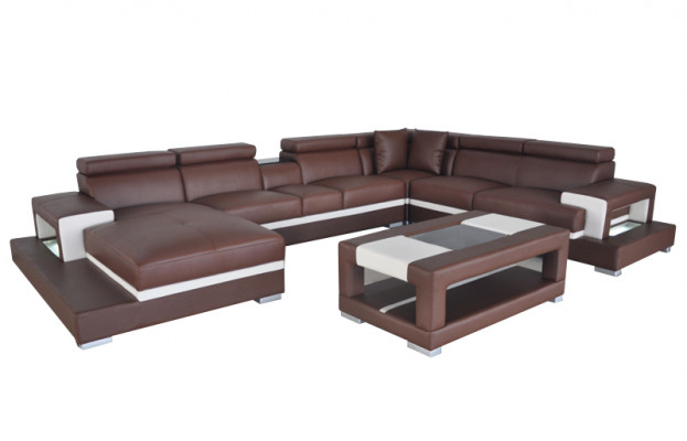 Design leather upholstery seat room living sofa corner couch designer suite +table