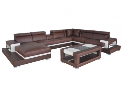 Design leather upholstery seat room living sofa corner couch designer suite +table