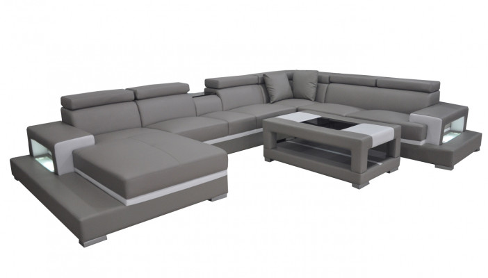 Design leather upholstery seat room living sofa corner couch designer suite +table