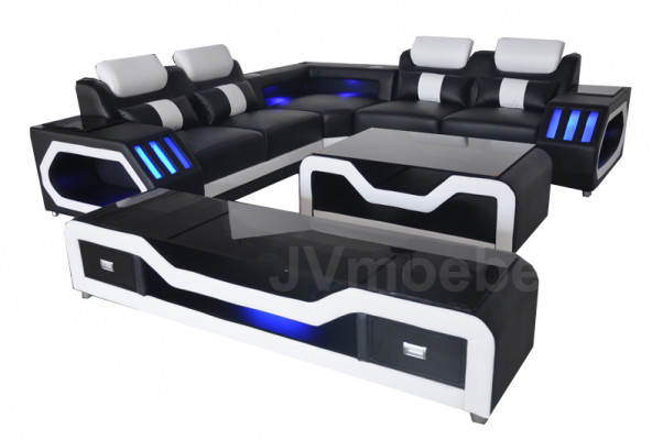Leather sectional corner sofa suite design modern sofa with USB + coffee table