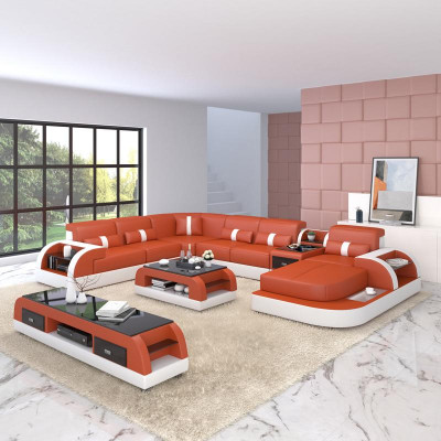 Luxury Living Room Sofa Upholstery U-Shape Corner Sofa Corner Couch XXL Big + USB