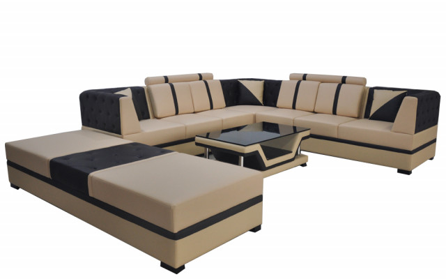 Leather corner sofa couch upholstery seat living landscape design furniture set + USB