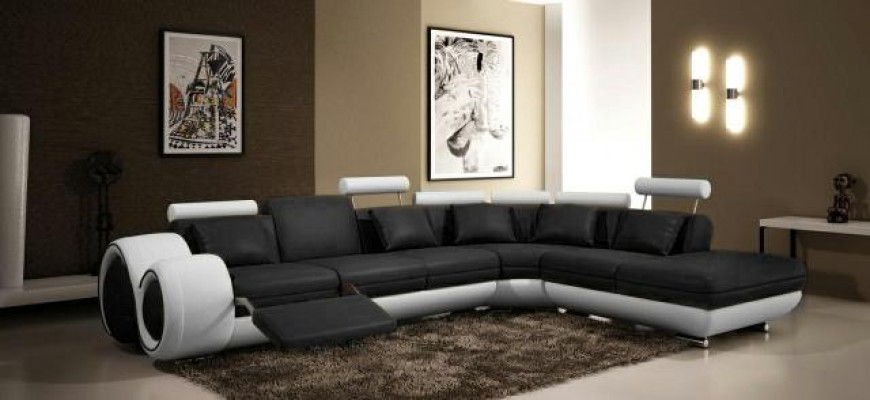 LEATHER SOFA LEATHER COUCH with USB SUITE SOFA LIVING LANDSCAPE BLACK/WHITE Couch New