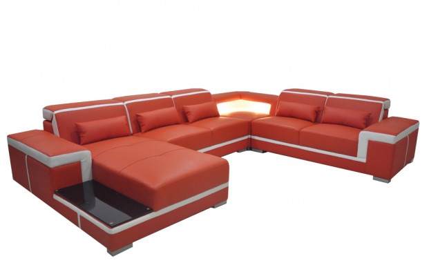 Comfortable XXL leather sofa with innovative ergonomics and LED lighting.