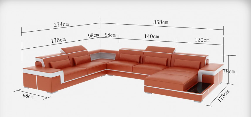 Comfortable XXL leather sofa with innovative ergonomics and LED lighting.