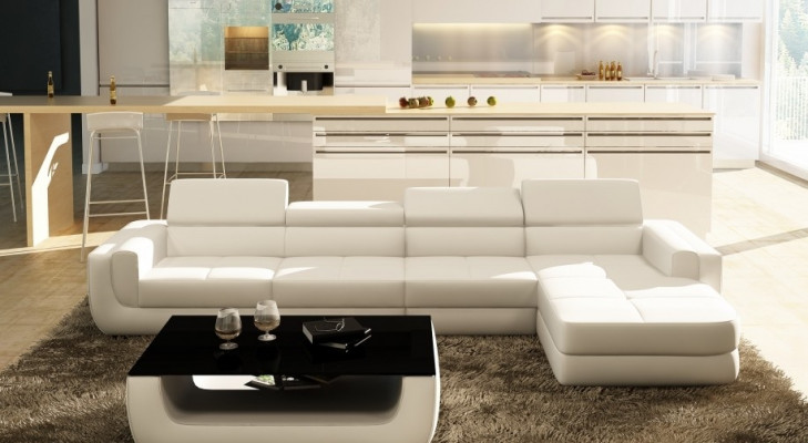 Corner sofa, leather sofa, USB living landscape, L-shaped sofa, upholstered seat corner, Tettau white