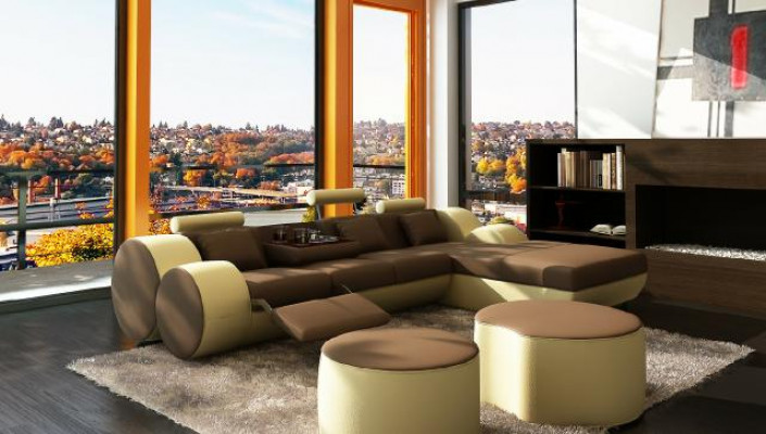 Designer leather corner sofa living landscape leather couch + USB sofa set corner couch Madrid