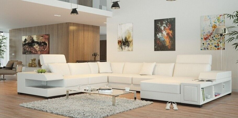 Snow-white designer corner sofa in U-shape for luxurious living ambiance