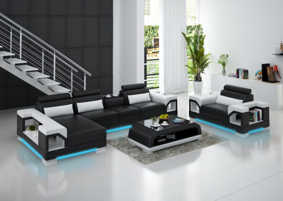 Leather sofa, living area, corner sofa, armchair, couch set, modern design sofa + USB