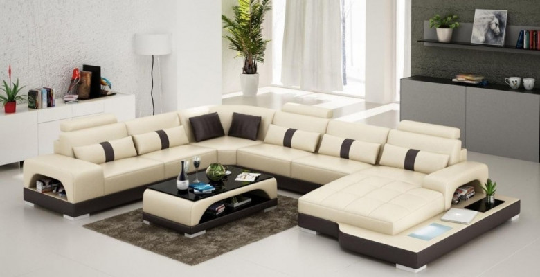 Leader U Shape Living Landscape Couch Big XXL Sofa LED USB Upholstered Corner Set Corner