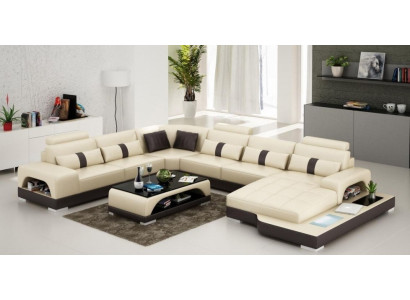 Leader U Shape Living Landscape Couch Big XXL Sofa LED USB Upholstered Corner Set Corner