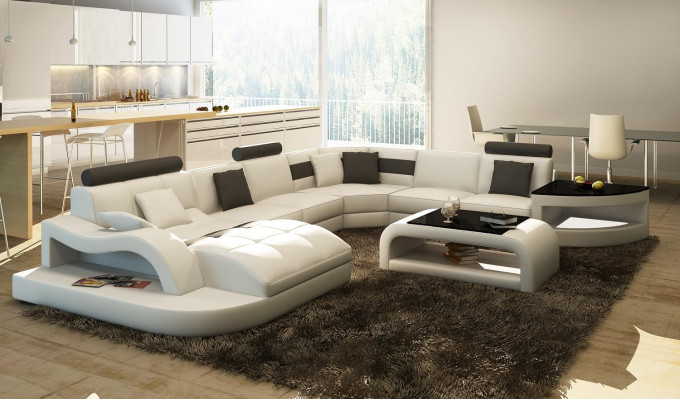 Multifunction XXL Big Leather Sofa with USB, Corner Living Landscape Corner Sofa Upholstery