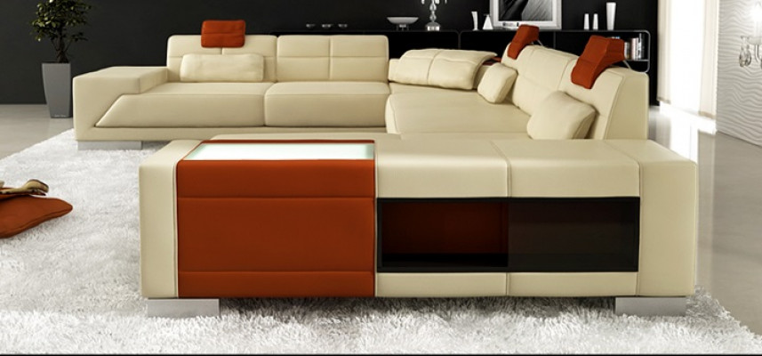 Living room U-shaped corner sofa with USB design sofa couch upholstery set corner brown