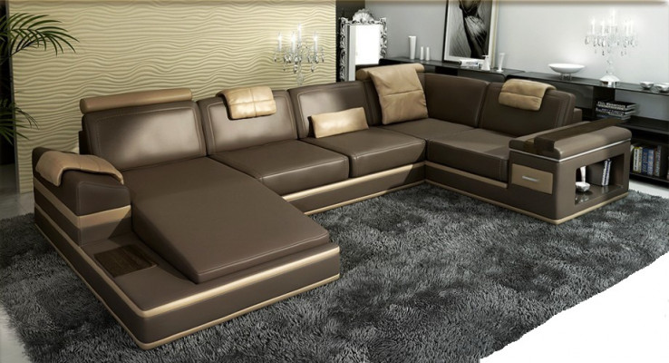 Sectional sofa USB + LED living landscape U shape upholstered couch leather sofa fabric leather
