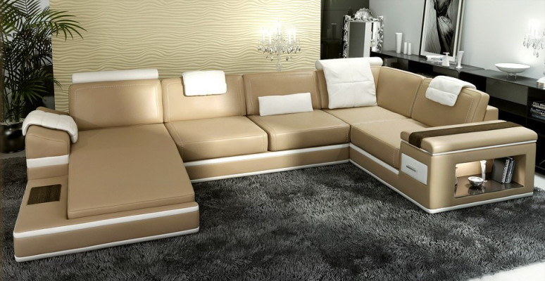 Sectional sofa USB + LED living landscape U shape upholstered couch leather sofa fabric leather