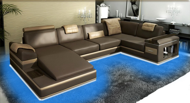 Sectional sofa USB + LED living landscape U shape upholstered couch leather sofa fabric leather