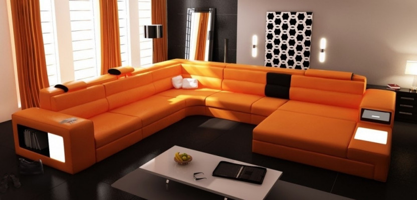 Design corner sofa upholstered couch corner seat set living room landscape leather USB+LED