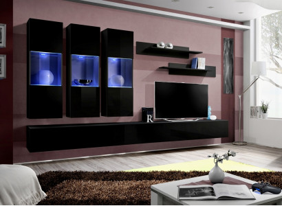 Set 7-piece living room wall unit wooden furniture 2x TV stands modern wall shelves black
