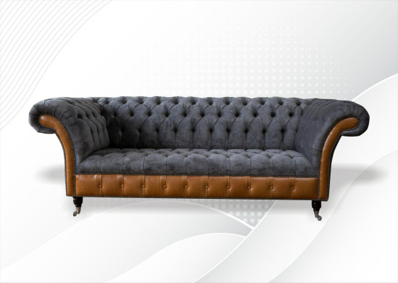 Chesterfield Sofa Couch Upholstery 3-Seater Gray Textile Fabric Gray Couches