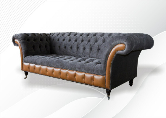 Chesterfield Sofa Couch Upholstery 3-Seater Gray Textile Fabric Gray Couches