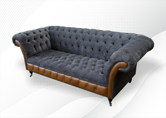 Chesterfield Sofa Couch Upholstery 3-Seater Gray Textile Fabric Gray Couches