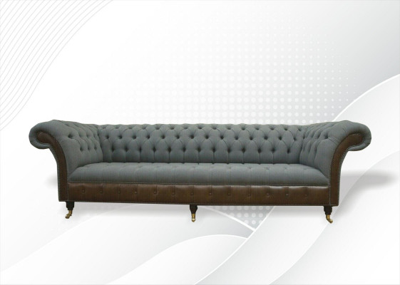 Chesterfield 4 Seater Gray Fabric Living Room Design Upholstered Sofa Large Textile Furniture