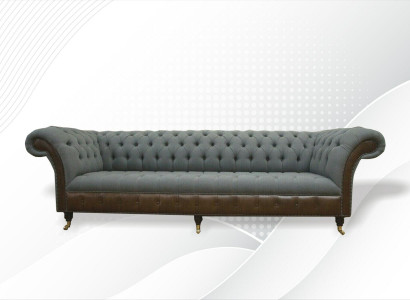 Chesterfield 4 Seater Gray Fabric Living Room Design Upholstered Sofa Large Textile Furniture