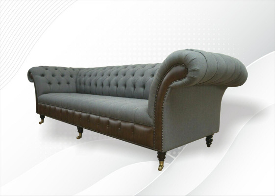 Chesterfield 4 Seater Gray Fabric Living Room Design Upholstered Sofa Large Textile Furniture