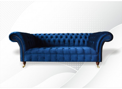 Chesterfield 3-Seater Blue Design Couches Upholstery Sofas Velvet Fabric Textile Luxury