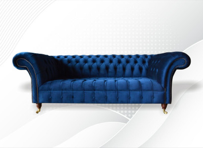 Chesterfield 3-Seater Blue Design Couches Upholstery Sofas Velvet Fabric Textile Luxury