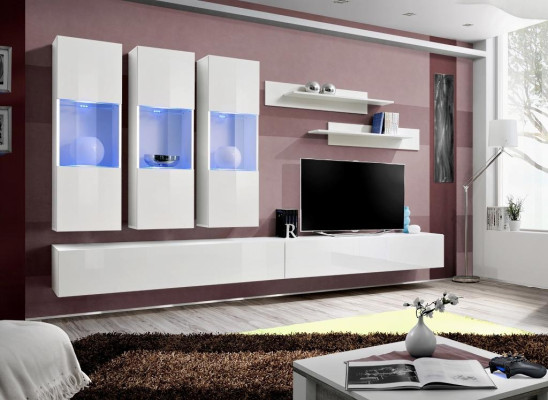 Living Room RTV Hanging Cabinet Living Wall Wood Design White Modern New Set 7-piece.