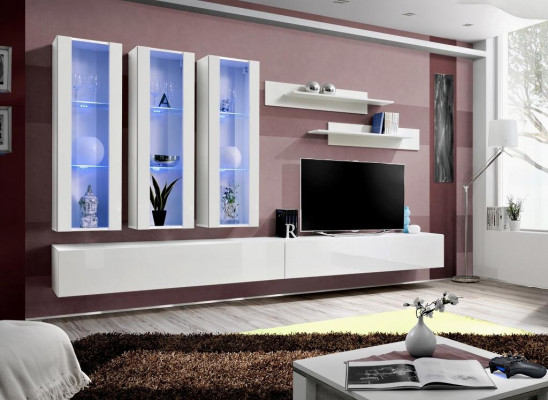 White living room wall unit, designer hanging display cabinet, TV stand, sideboard, modern wood.