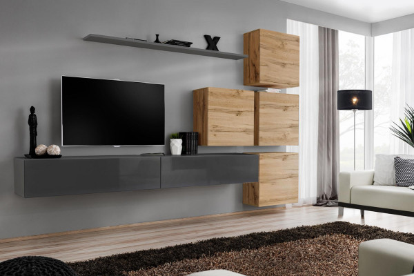 Gray TV Stand Wall Shelf Luxury Living Wall Furniture Modern Complete Sideboard