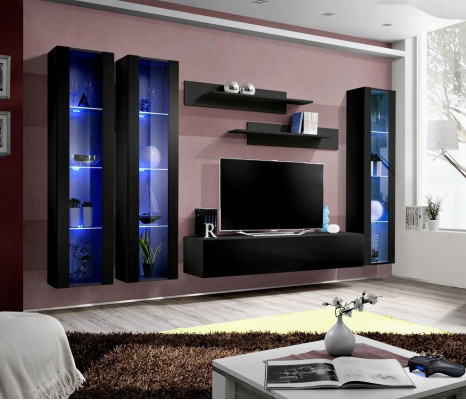 Black Wall Cabinet Hanging Display Case Set 6 pcs Living Room Suite Modern Wooden Furniture