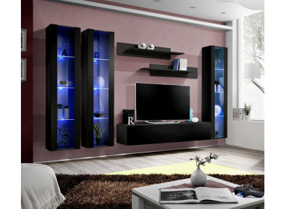 Black Wall Cabinet Hanging Display Case Set 6 pcs Living Room Suite Modern Wooden Furniture