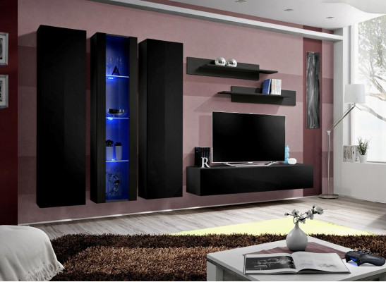 Wooden furniture wall unit wall cabinet black TV stand set hanging display cabinet