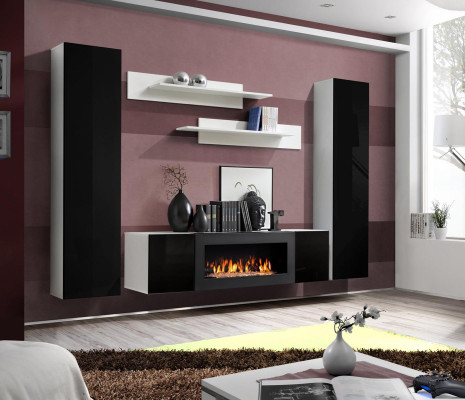 Living room wall unit TV stand with fireplace, designer wall shelves, wooden wall cabinet