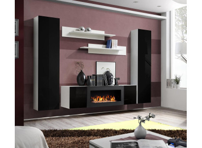 Living room wall unit TV stand with fireplace, designer wall shelves, wooden wall cabinet