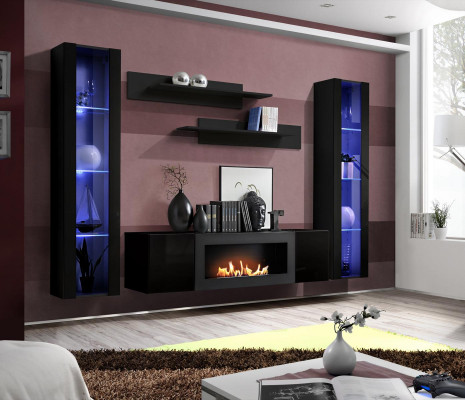 Complete Set 5-piece Luxury Living Room Wall Black Designer Hanging Display Cabinet Wooden Furniture